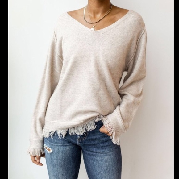 Beautiful Soft V-Neck Loose Fit Knitted Sweater W/Fringe Cuff & Trim Hi-Quality - Picture 2 of 10